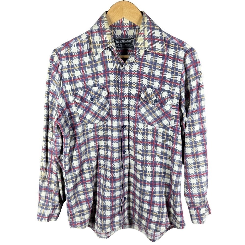 Woodland Button Up Shirt Mens Medium Multicolor Plaid Flannel Cotton Vintage